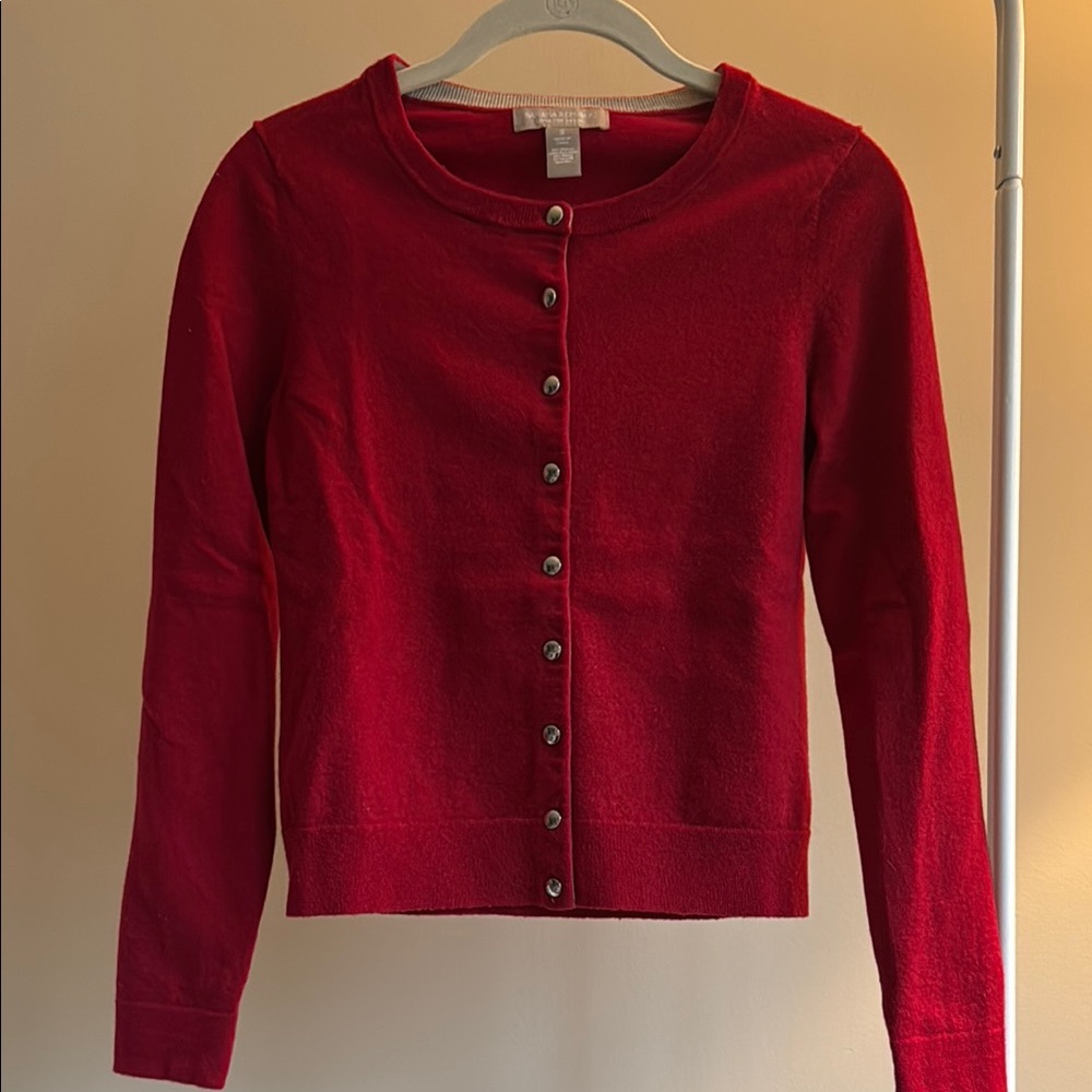 (Silver Buttons) Cranberry Red Banana Republic Merino Wool Cardigan Sweater